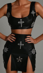 CRYSTAL LEATHER TWO PIECE SET IN BLACK
